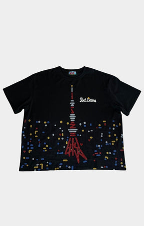 Red Letters black tee featuring colorful cityscape inspired lower graphic.