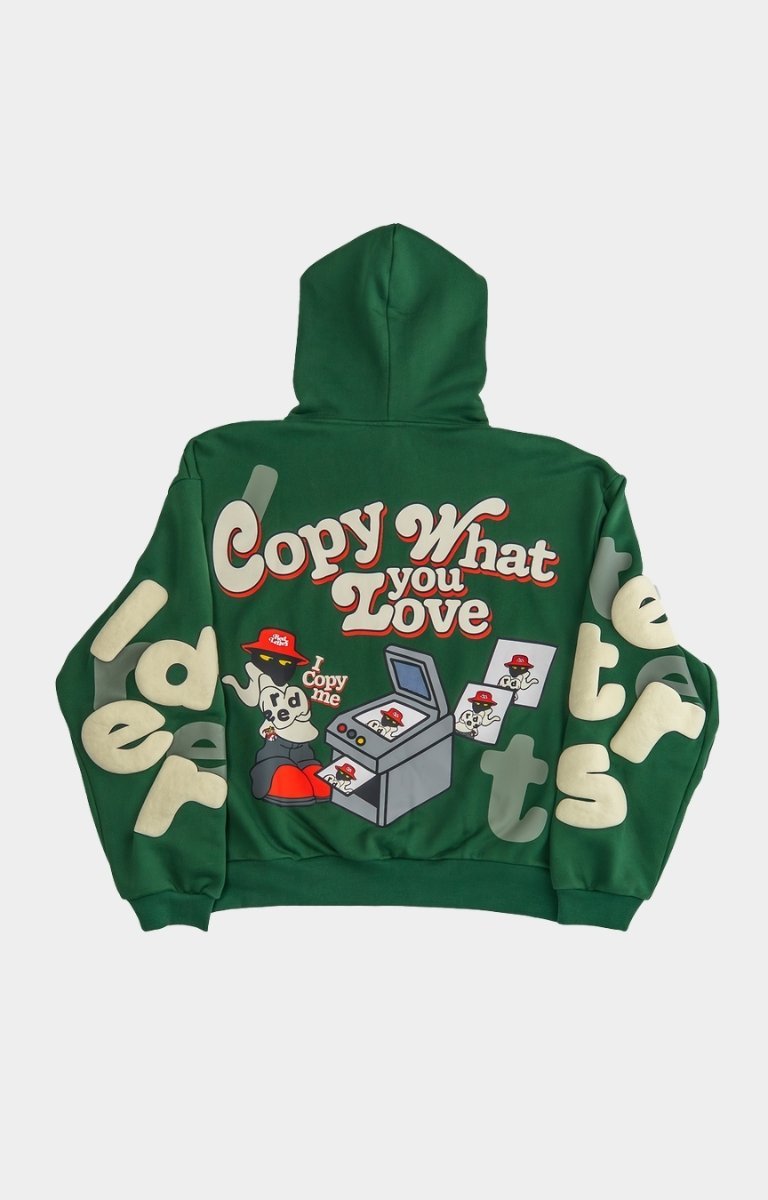 Back graphic view of Red Letters Copy Me hoodie.