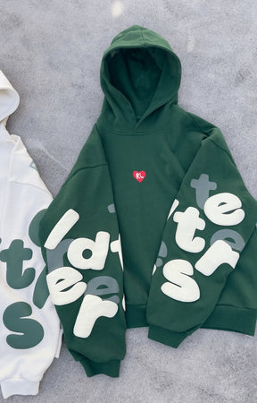 Red Letters Copy Me Scattered Hoodie front view oversized fit.