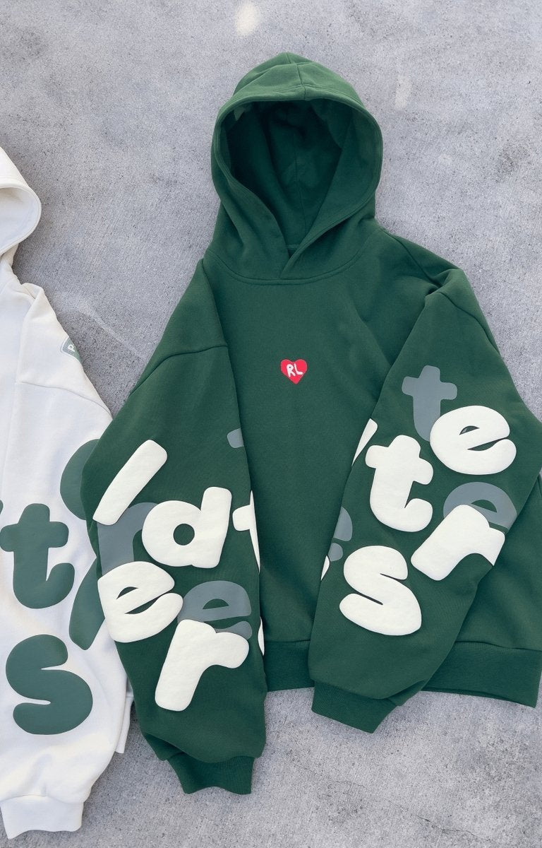 Red Letters Copy Me Scattered Hoodie front view oversized fit.