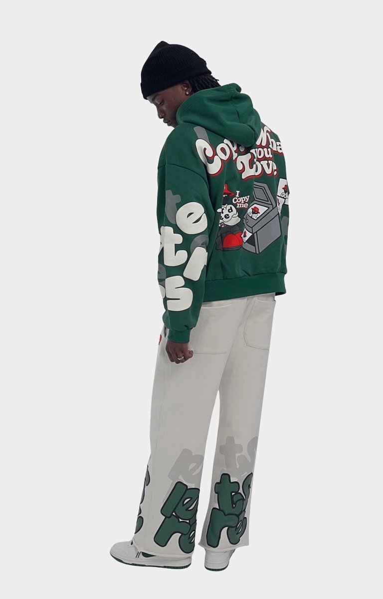 Red Letters Copy Me hoodie styled in streetwear outfit.