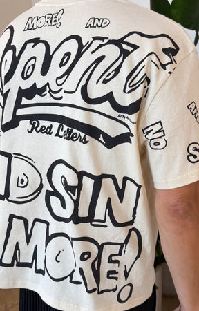 Dropped shoulder Red Letters No More Sin streetwear tee.