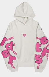 Red Letters Free Our Minds Scattered Hoodie front view oversized fit.