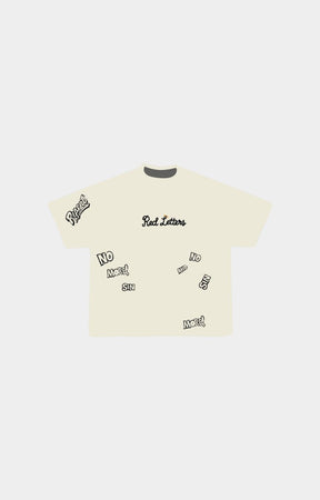 Red Letters cream-colored short-sleeve t-shirt with black graphic text prints, including 'Real Letters' on the chest and 'NO WAY SIN' on the right sleeve.