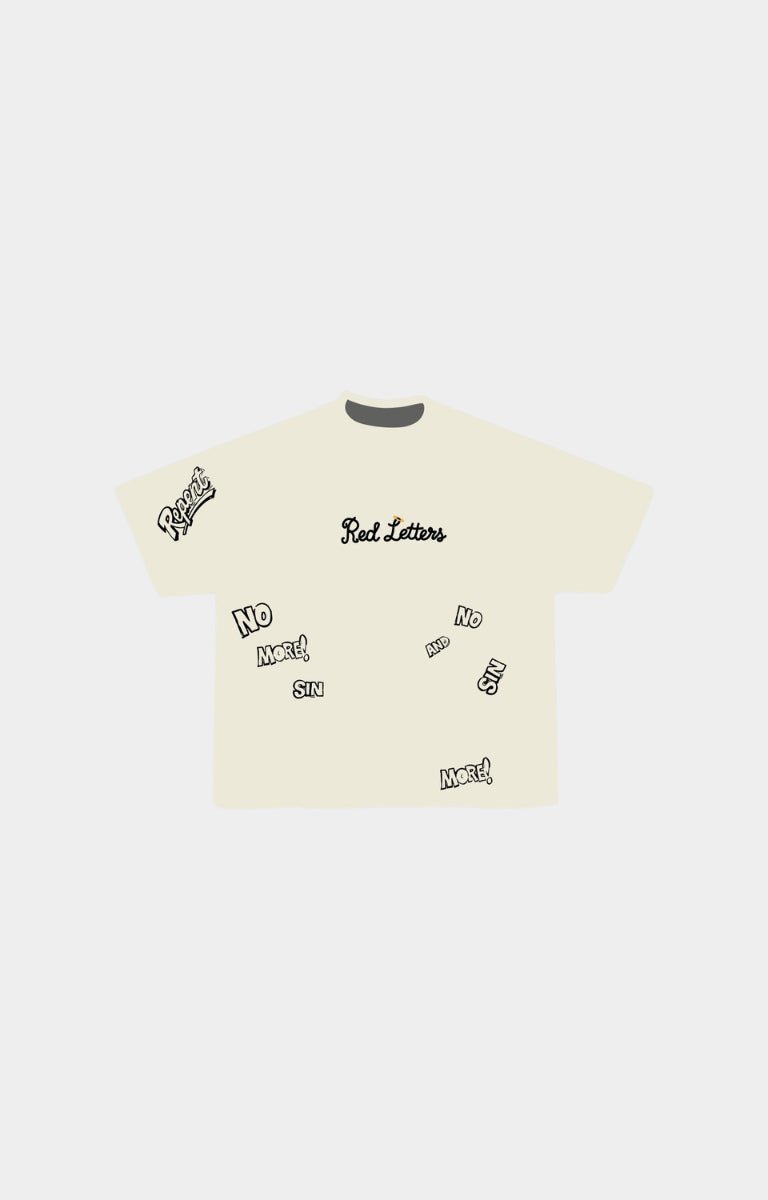 Red Letters cream-colored short-sleeve t-shirt with black graphic text prints, including 'Real Letters' on the chest and 'NO WAY SIN' on the right sleeve.