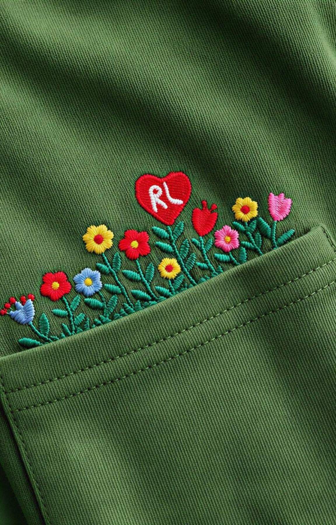 Green Red Letters tee featuring floral embroidered chest pocket.