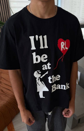 Red Letters black t shirt featuring heart balloon graphic.