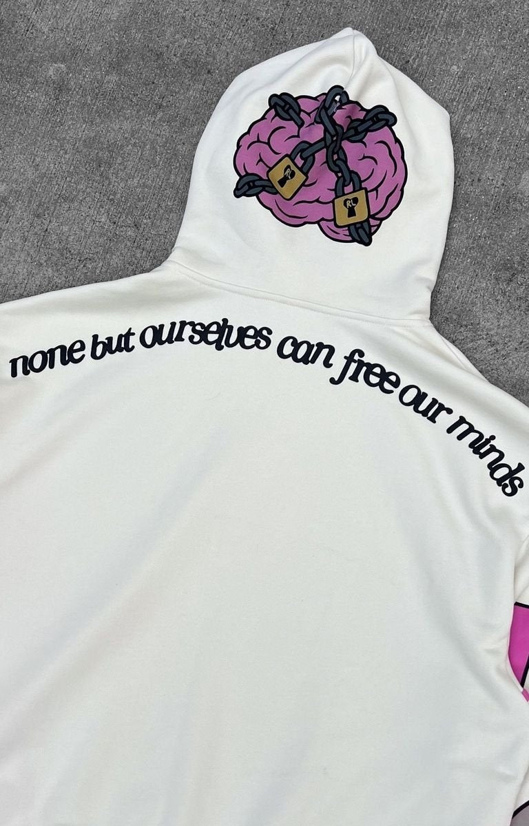 Red Letters Free Our Minds Hoodie styled in streetwear outfit.