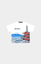 Red Letters Japan Fuji short-sleeve t-shirt with a graphic print of a snowy Japanese pagoda and Mount Fuji, featuring the text 'Red Letters' on the chest. 