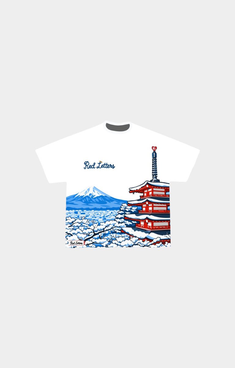Red Letters Japan Fuji short-sleeve t-shirt with a graphic print of a snowy Japanese pagoda and Mount Fuji, featuring the text 'Red Letters' on the chest. 