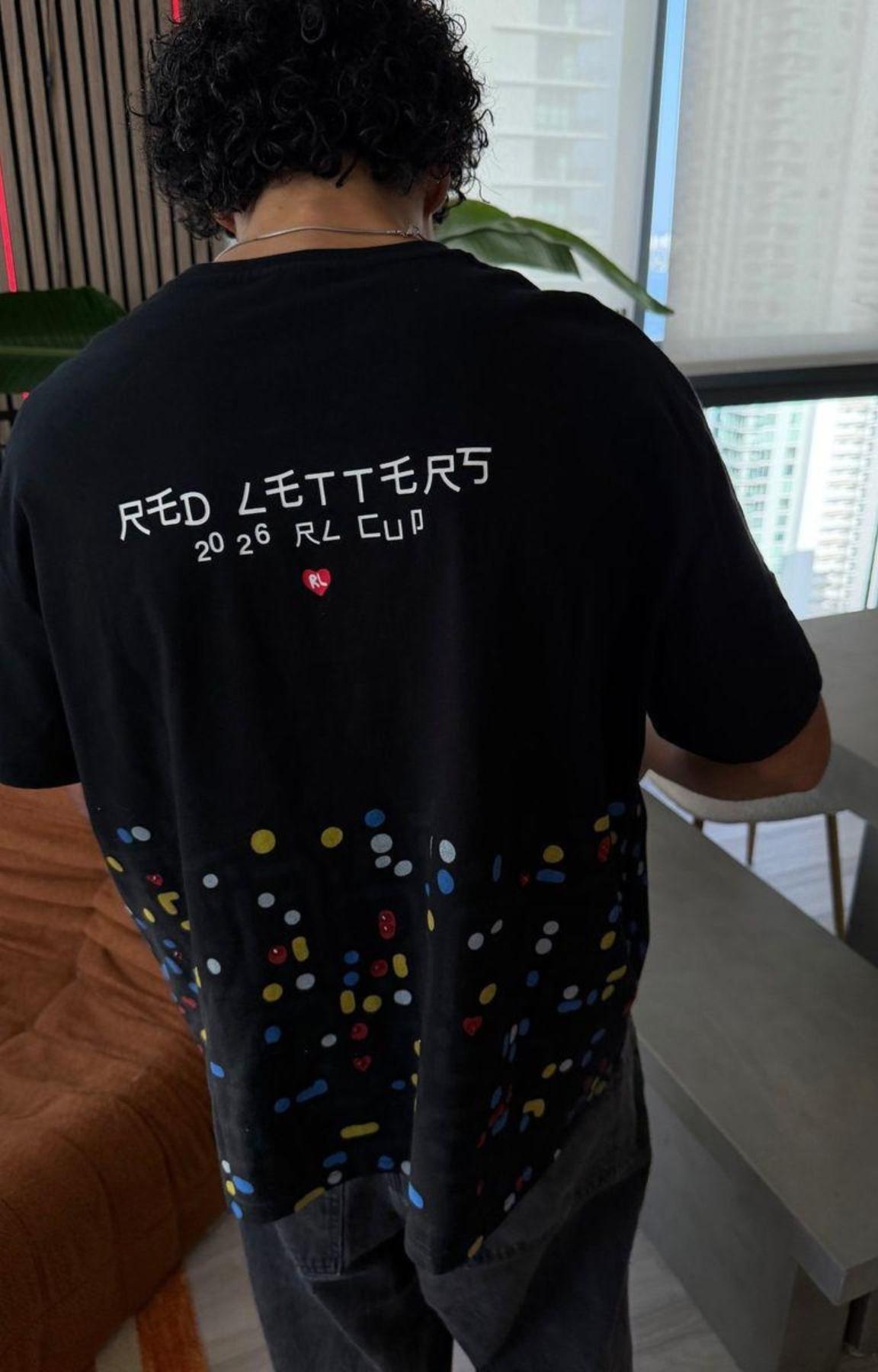 Close-up of Japan Nights vertical graphic on Red Letters tee.