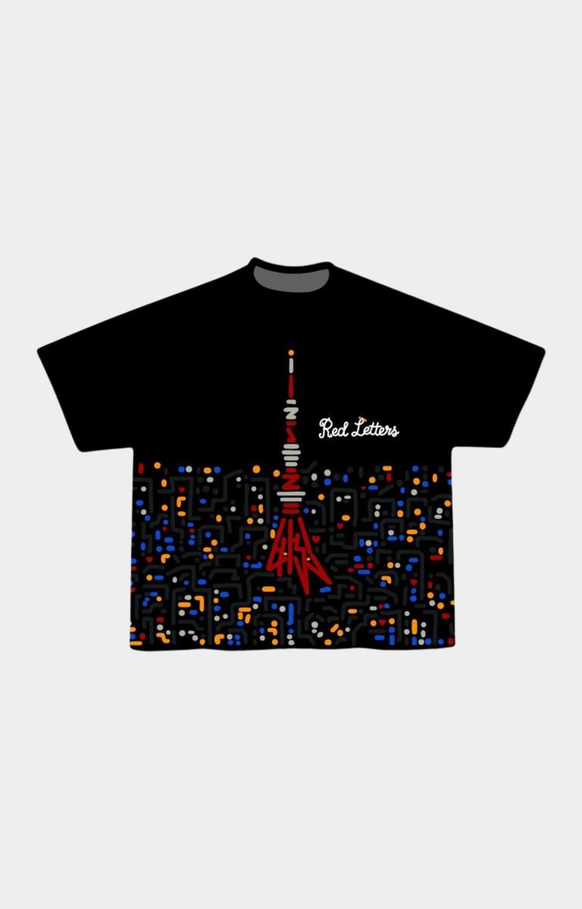 Red Letters Japan Nights black graphic tee front view.