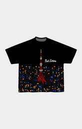 Red Letters Japan Nights black graphic tee front view.