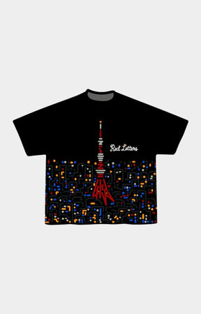 Red Letters Japan Nights black graphic tee front view.