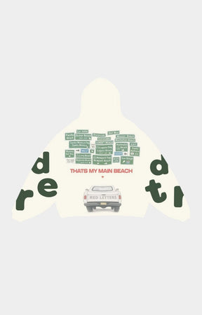Back view of Red Letters Main Beach Scattered Hoodie showing design details.