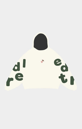 Front view of Red Letters Main Beach Scattered Hoodie with scattered graphic design.