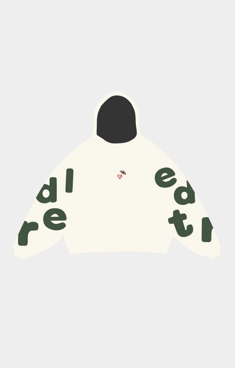 Front view of Red Letters Main Beach Scattered Hoodie with scattered graphic design.