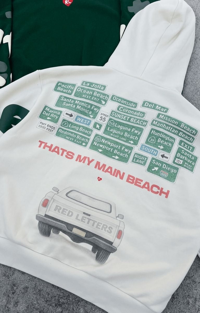 back profile showing baggy sleeve fit of Red Letters Main Beach Scattered Hoodie.