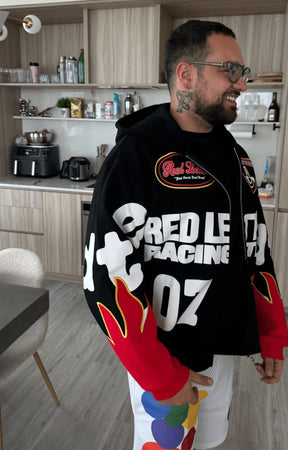 Red Letters Nashcar Scattered Zip Up Hoodie hidden side pocket.