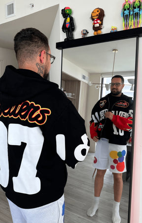 Red Letters Nashcar Scattered Zip Up Hoodie drop shoulders fit.