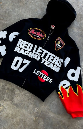 Red Letters Nashcar Scattered Zip Up Hoodie puff print detail.
