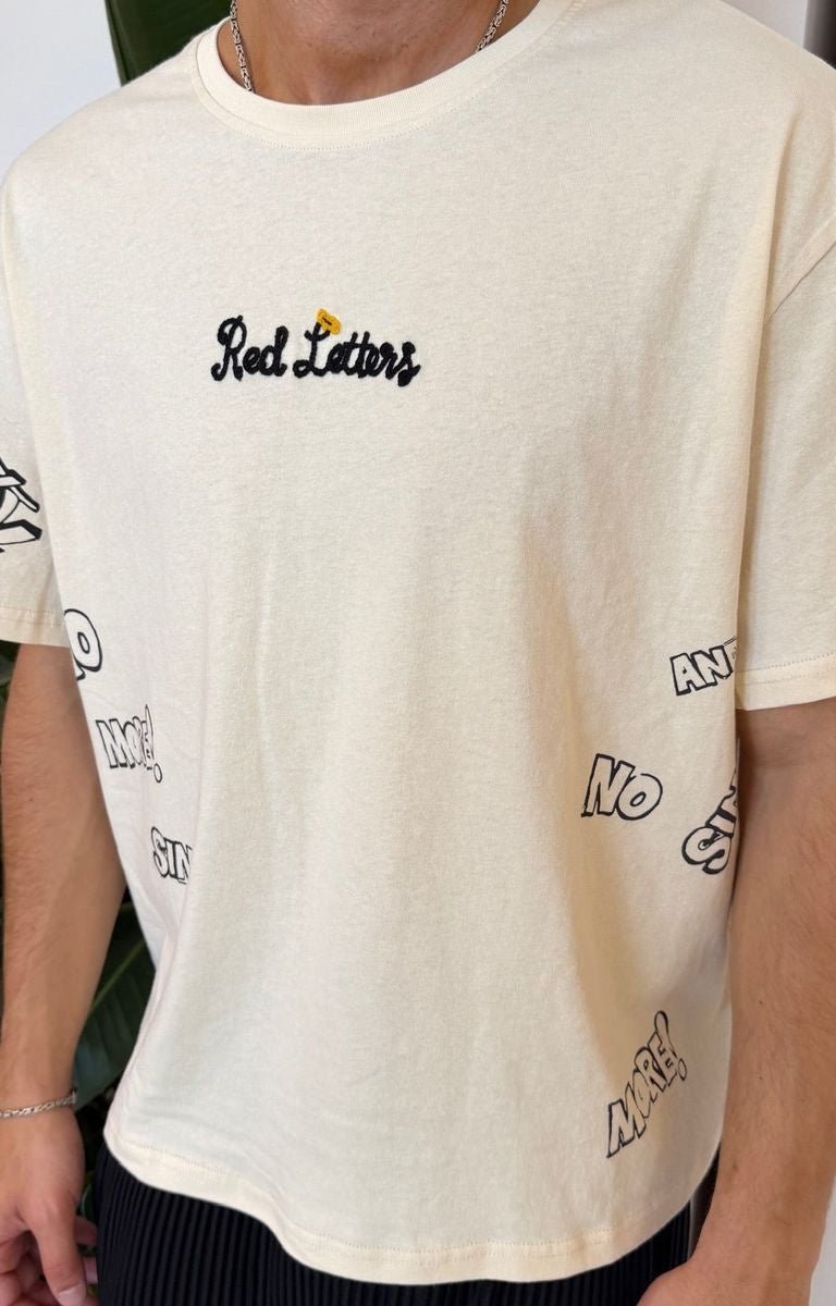 Off White Red Letters premium streetwear graphic tee with embroidery logo. 