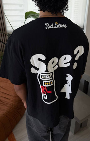Premium cotton Red Letters At The Bank Tee in Black.
