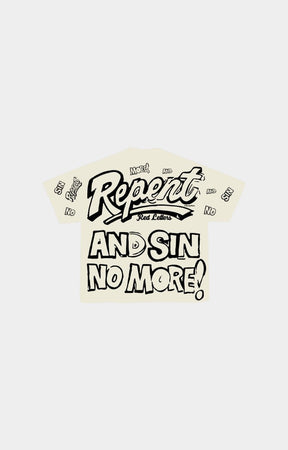 Red Letters cream-colored t-shirt with bold black graphic text reading 'Repeat AND SIN NO MORE!' and smaller text 'Most Wanted' and 'Don't Look Back'.