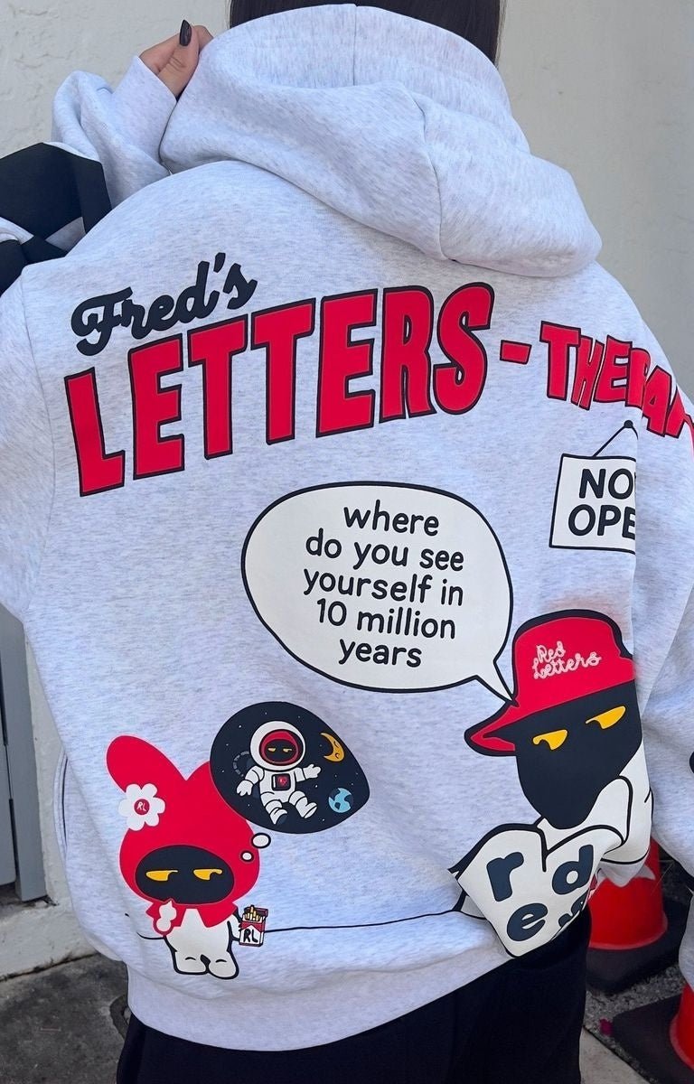 Back view of Red Letters Therapy Scattered Hoodie. 500 GSM heavyweight french terry oversized hoodie.