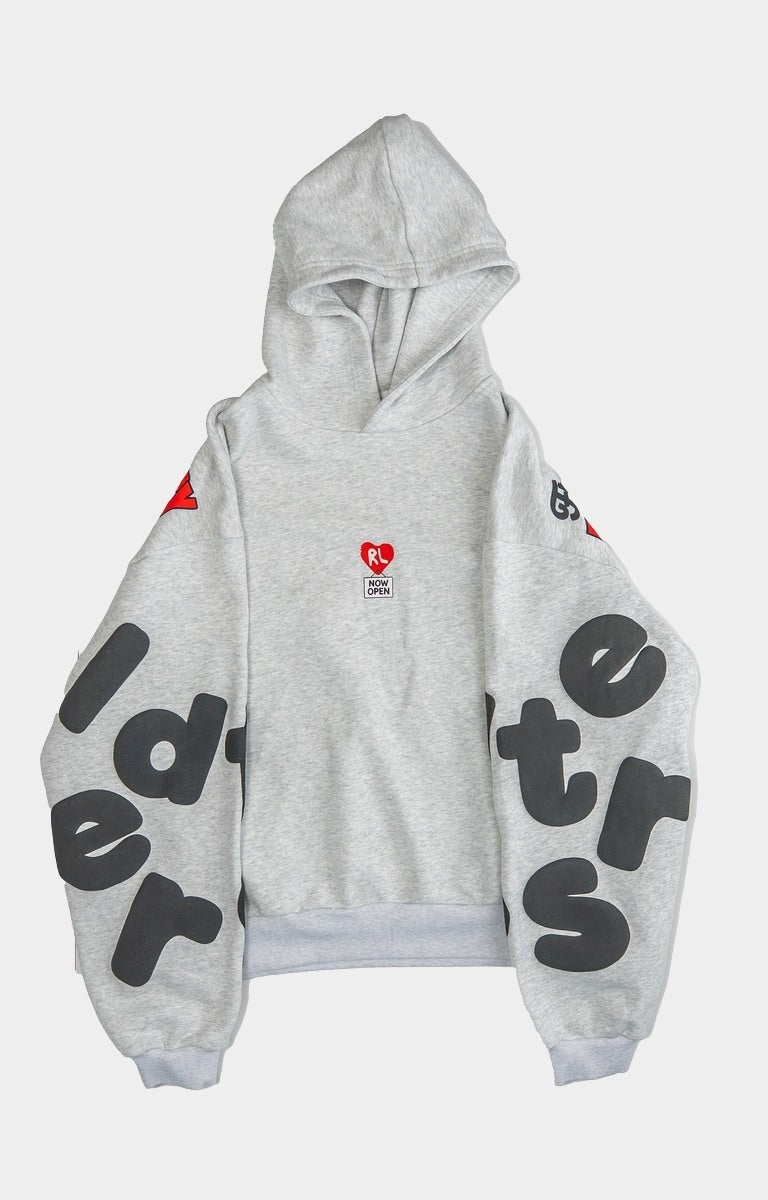Front view of Red Letters Therapy Scattered Hoodie. 500 GSM heavyweight french terry oversized hoodie.