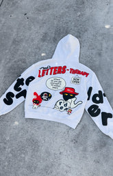 Flat lay of Red Letters Therapy Scattered Hoodie showing front and back design