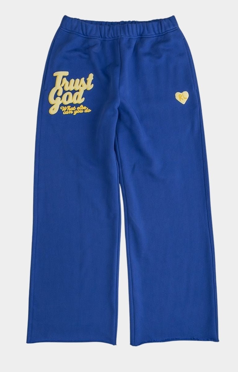 Front view of Red Letters Trust God Pant in royal blue. heavyweight french terry 500 GSM relaxed fit. 