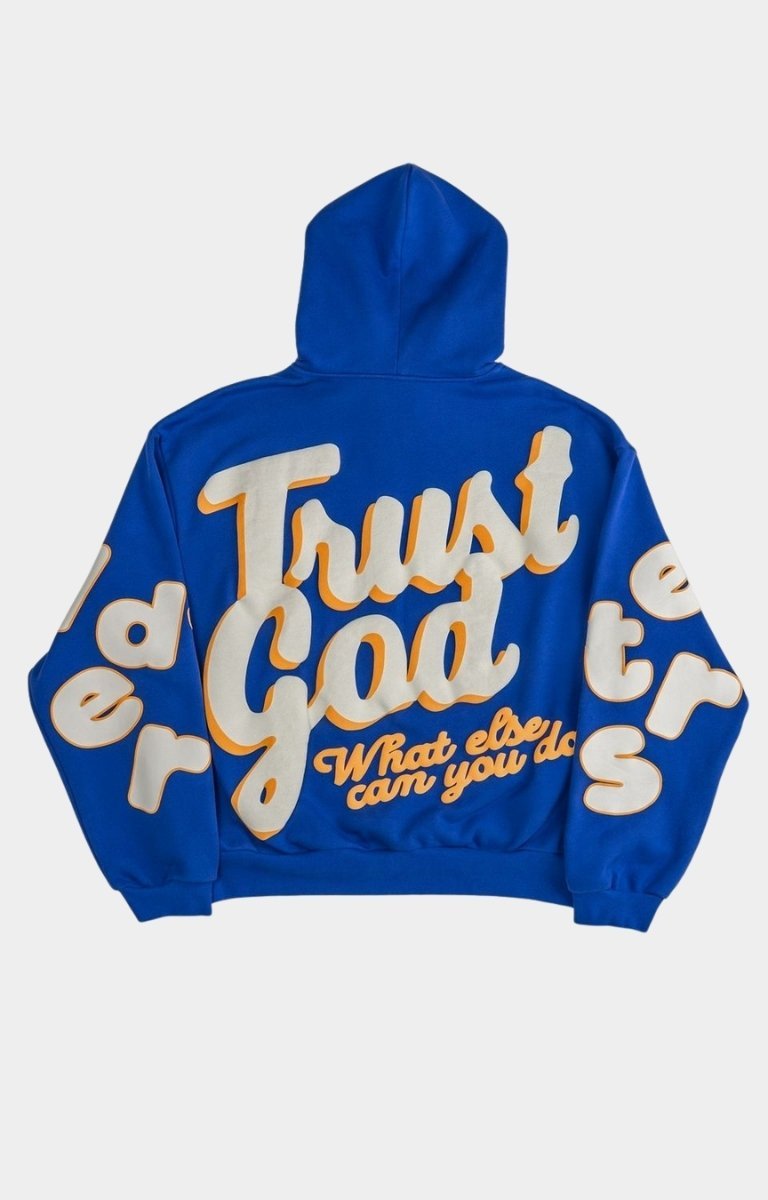 Back view of Red Letters Trust God Scattered Hoodie showing graphic details