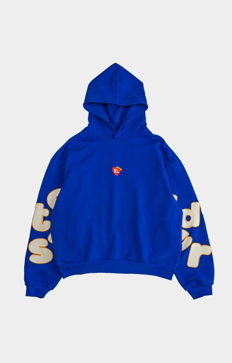 Front view of Red Letters Trust God Scattered Hoodie in royal blue
