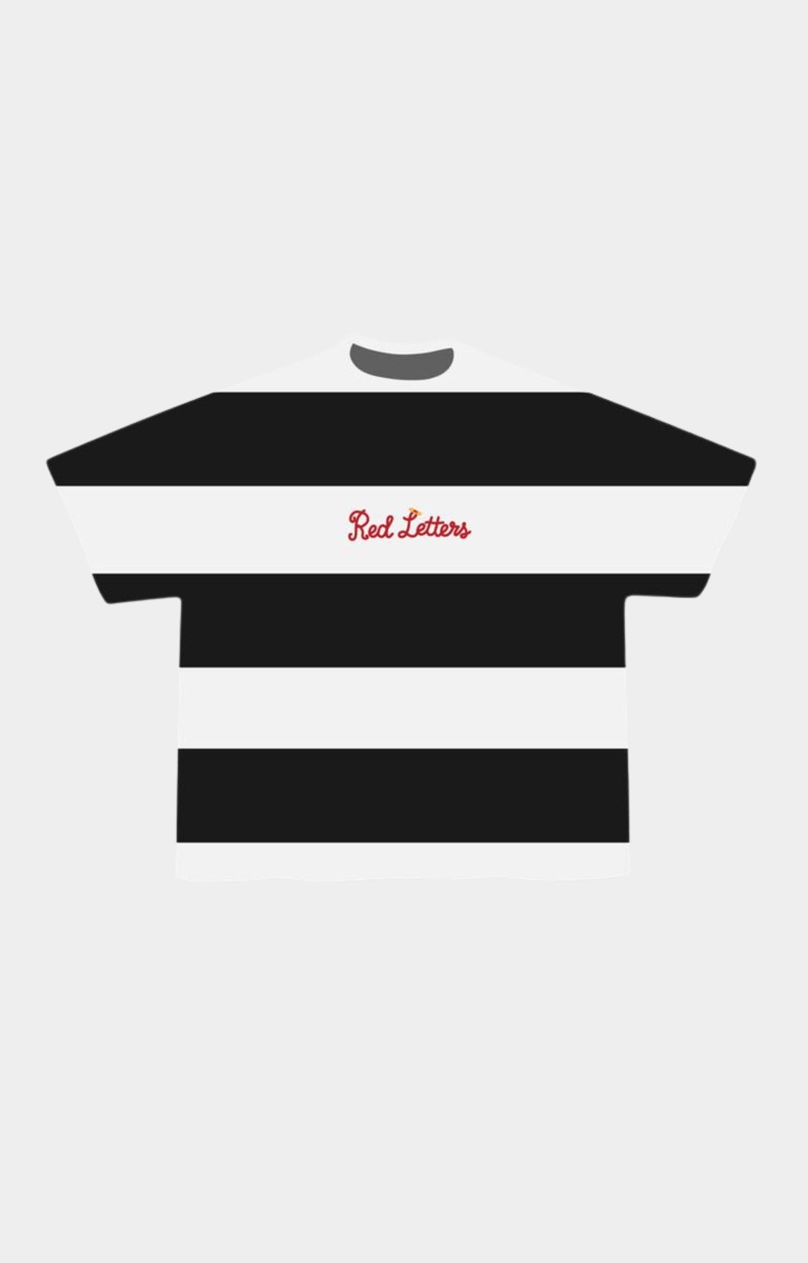 Red Letters Unlearn black and white stripe graphic tee front view.