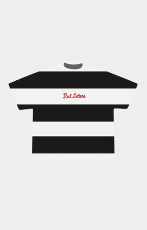 Red Letters Unlearn black and white stripe graphic tee front view.