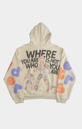 Back design of Red Letters Where U Are Scattered Zip Up with stamp-inspired artwork.