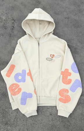 500GSM French Terry fabric texture of Red Letters Where U Are Scattered Zip Up