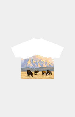 Red Letters short-sleeve t-shirt with a rectangular graphic print on the front depicting a mountain landscape with three grazing horses.
