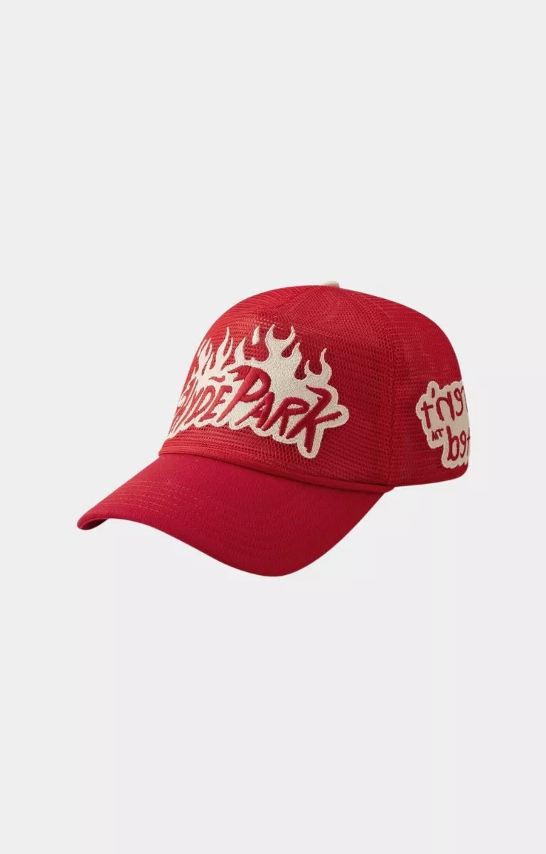Hyde Park Goods red trucker hat with snapback closure.