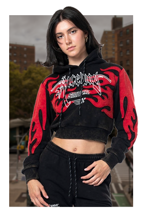Model wearing red flame cropped hoodie – urban streetwear banner