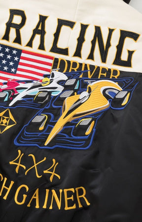 Rich Gainer faux fur hoodie varsity jacket back view racing design with embroidery logo. 