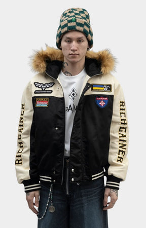 Rich Gainer faux fur hoodie varsity jacket front view black and cream