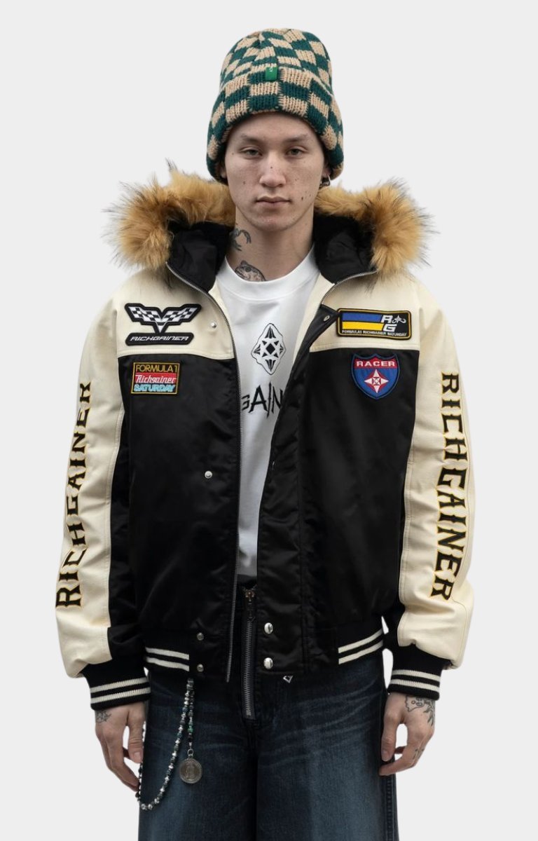 Rich Gainer faux fur hoodie varsity jacket front view black and cream