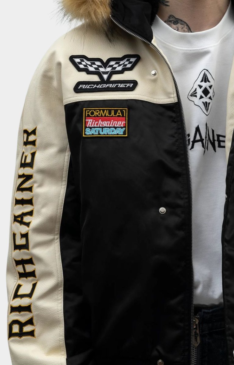 Rich Gainer racing patch embroidery on varsity jacket chest