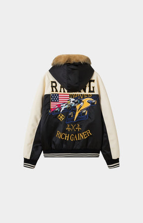 Rich Gainer racing patch embroidery on varsity jacket chest