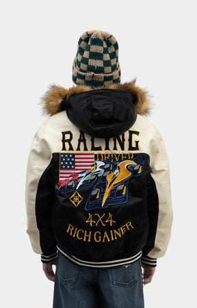 Back view of Rich Gainer faux fur hoodie varsity jacket