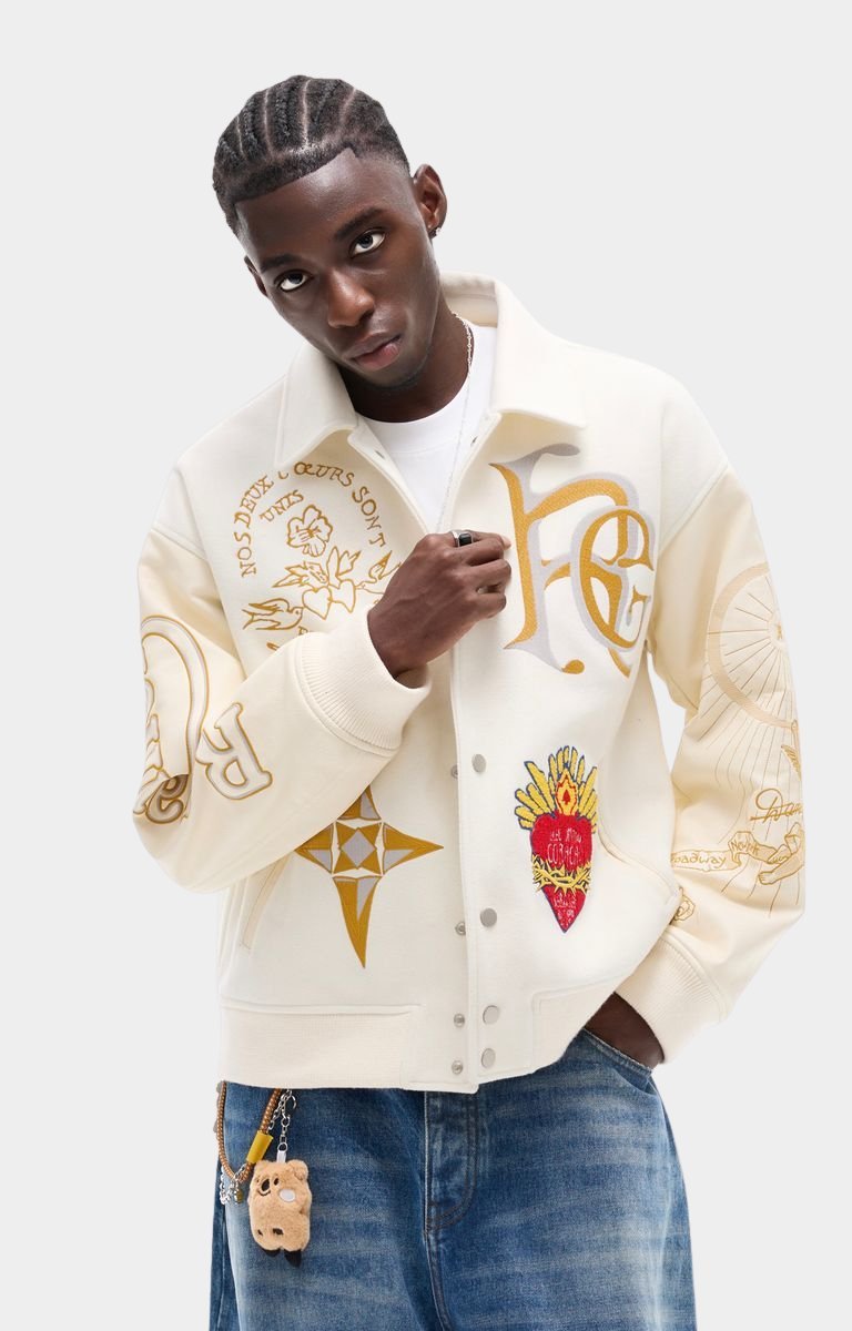Rich Gainer White Dove embroidered varsity jacket front view.