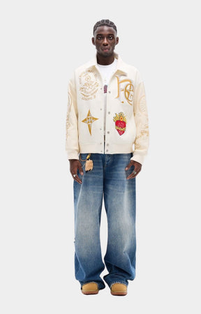 Model wearing Rich Gainer White Dove varsity jacket front.
