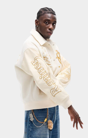 Ribbed hem and cuffs on Rich Gainer White Dove jacket.